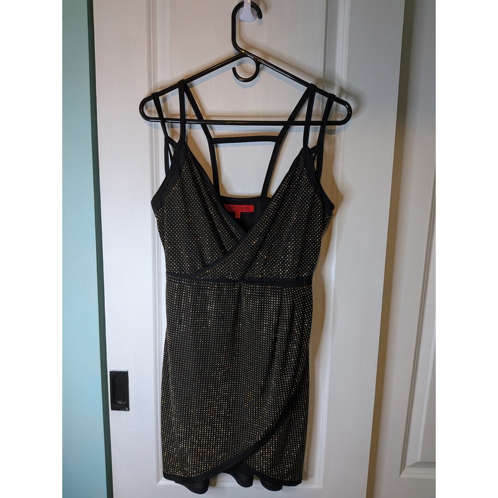 Wow Couture Black Gold Studded Bodycon Mini Dress Strappy Back Sz M